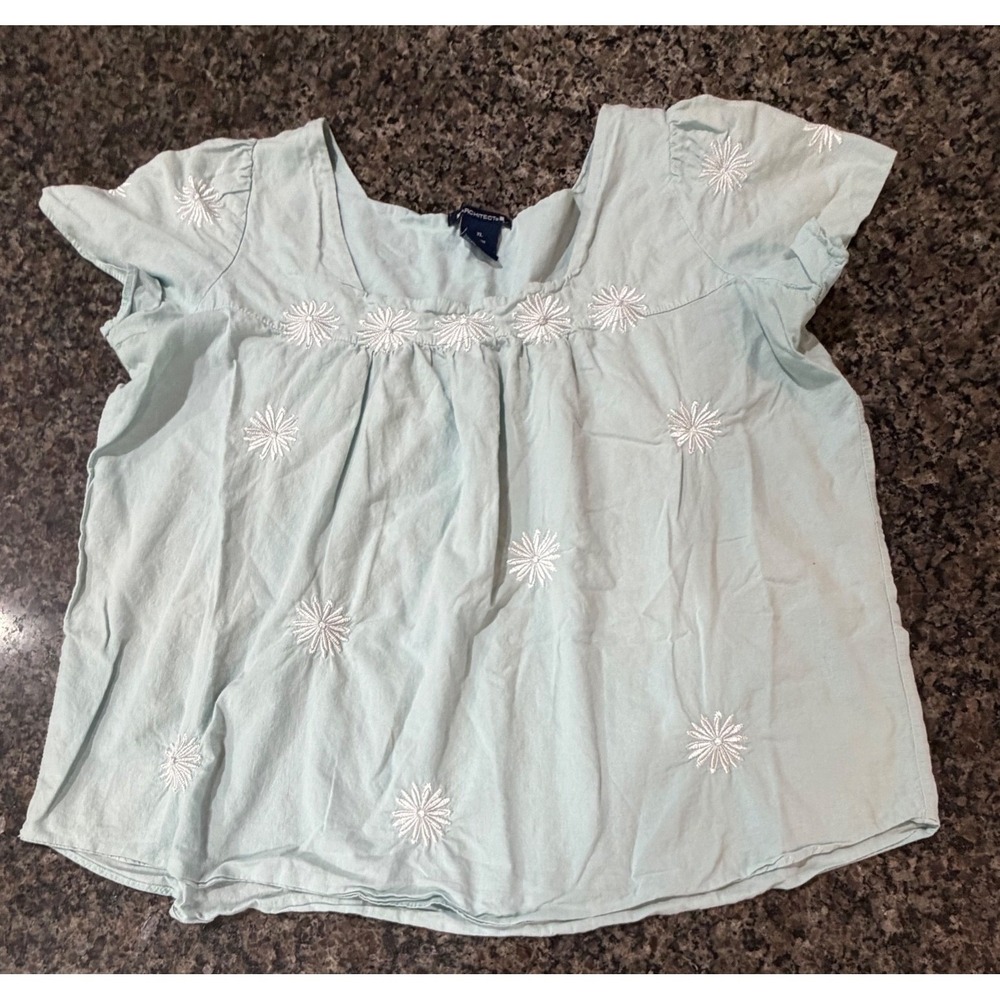 Architect Womens XL Light Blue Cotton Floral Embroidered Square Neck Blouse Top
